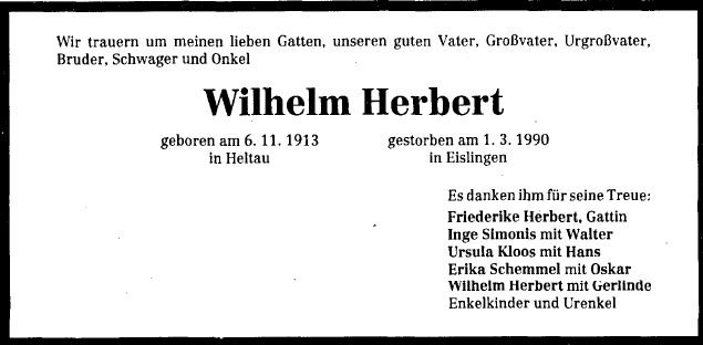 Herbert Wilhelm 1913-1990 Todesanzeige